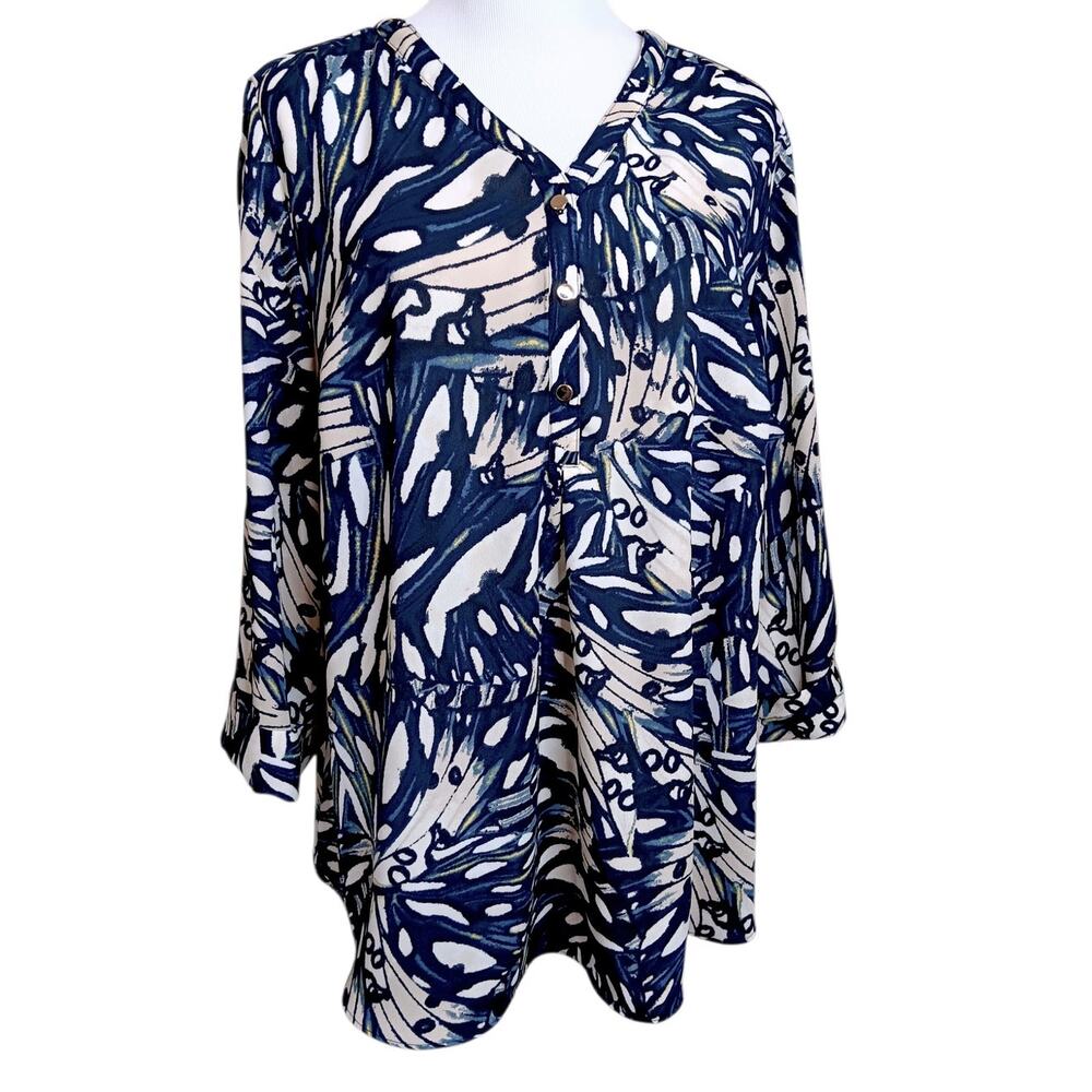 JM COLLECTION Blouse Top Petite XL 3/4 Sleeves Career Office Flowy V-Neck Blue